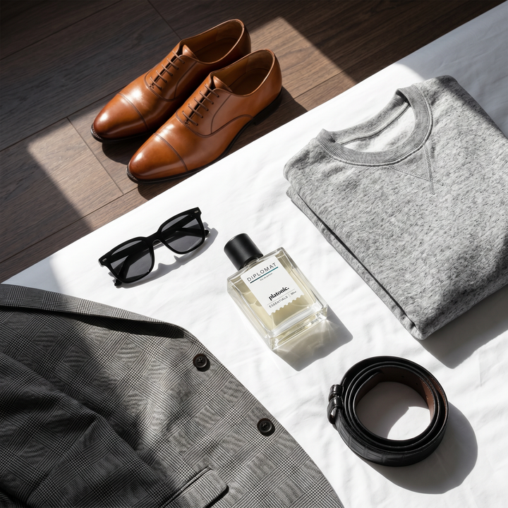 DIPLOMAT perfume in a flat lay of tailored menswear, leather shoes and sunglasses