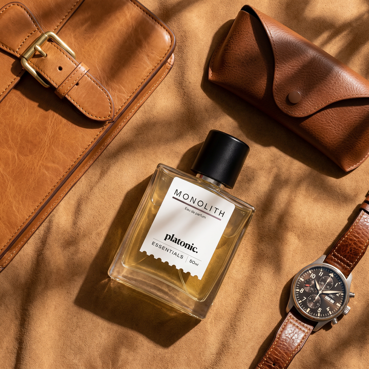 MONOLITH perfume flat lay with a leather bag and watch on tan suede