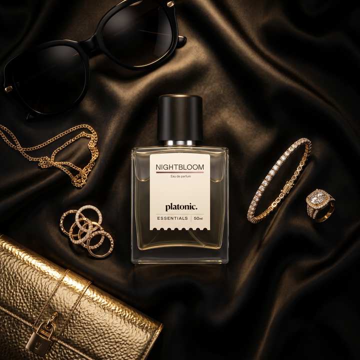 NIGHTBLOOM perfume flat lay with gold jewellery on black silk