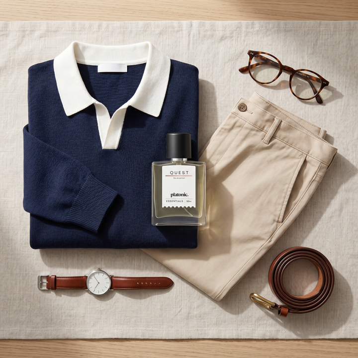 QUEST perfume flat lay with a navy polo, chinos and tortoiseshell glasses