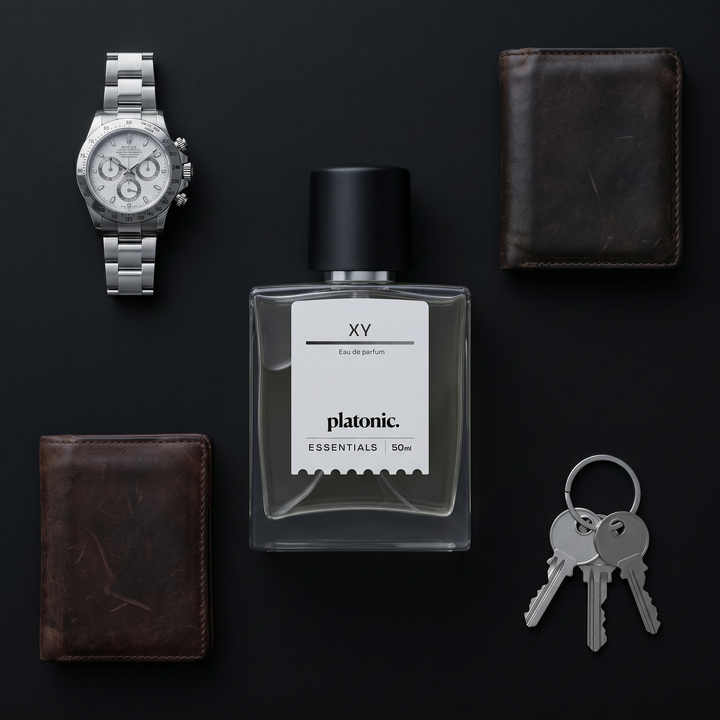 XY perfume flat lay with a steel watch, leather wallets and keys