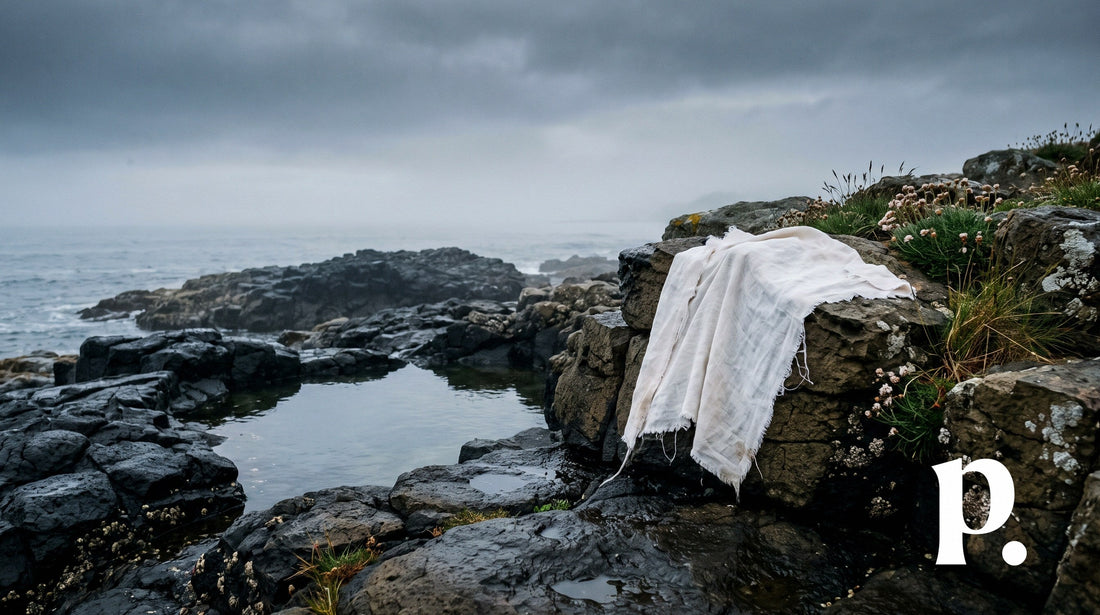Wet dark rock and a shallow seawater pool under flat grey light, the sense-memory behind an aquatic perfume
